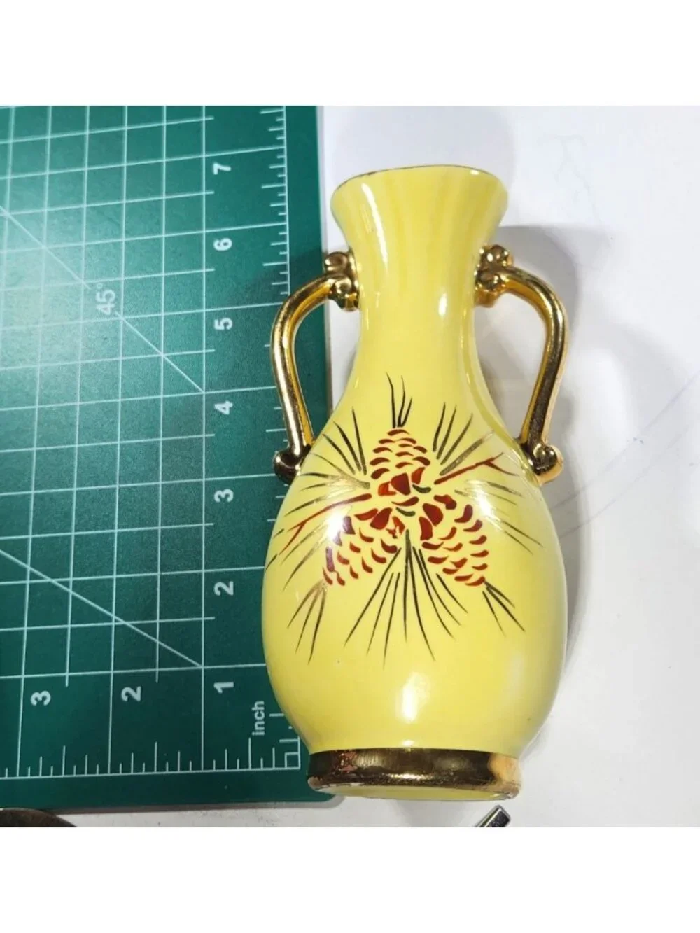 Vtg Vase Yellow Ceramic Gold tone Handles Pinecone cottagecore budvase